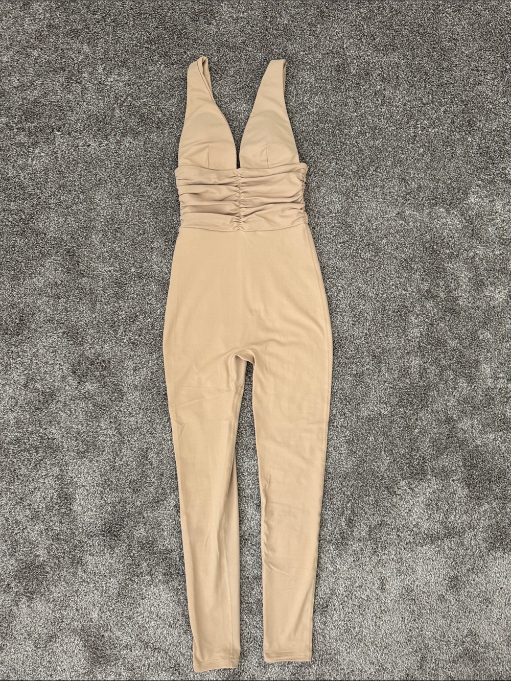 Riot Swim Beige Ruched Deep-V Jumpsuit